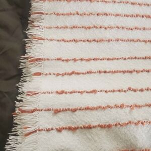 Beautiful Textured White Linen Blanket with Terracotta Wool Fiber Stripe